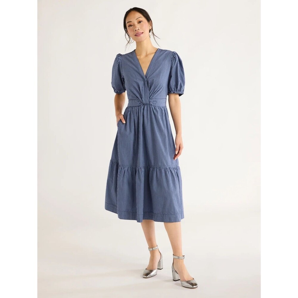 Free Assembly Poplin Short Sleeve Twist Front Midi Dress | Navy Stripe | Small